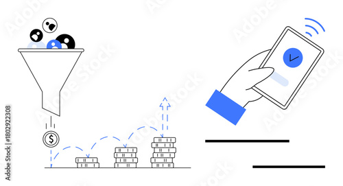 Lead funnel pouring into coins, bar graph showing profit growth, hand holding a phone for payment. Ideal for marketing, sales, growth, finance, e-commerce strategy digital tools. Simple flat