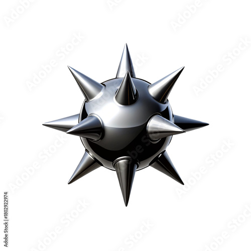 A metallic spiked sphere with sharp pointed edges resembles a futuristic weapon or tech device. Its polished chrome surface highlights its aggressive and mechanical design.