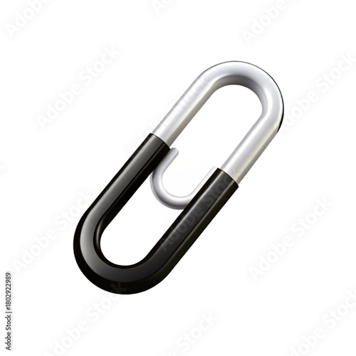 A sleek black and silver 3D paperclip rendered with smooth metallic highlights. Its minimalistic shape gives it a modern office-style aesthetic.
