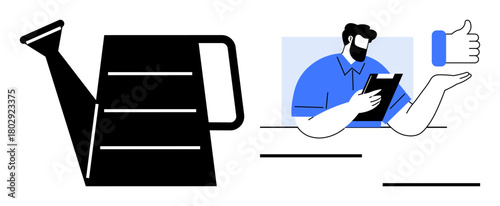 Watering can symbolizing growth beside a professional holding a clipboard, showing a thumbs-up in approval. Ideal for growth, feedback, positive reinforcement, teamwork, business, leadership