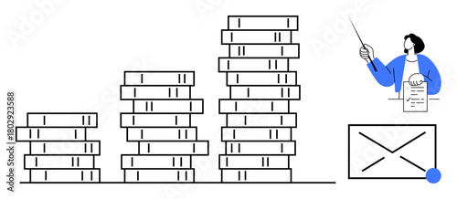 Stacks of books increasing in height, person holding a document and pointing with a stick, and a chart element. Ideal for learning, education growth, knowledge sharing, teaching, training