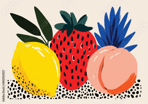 Kolorowa ilustracja wektorowa z truskawką, cytryną i brzoskwinią w stylu artystycznym.