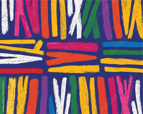 Abstrakcyjna kompozycja z pionowych i poziomych, kolorowych pociągnięć pędzla na granatowym tle.