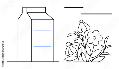 Milk carton next to a cluster of flowers with clean lines and minimalist design. Ideal for ecology, recycling, sustainability, environmental awareness, organic products, nature themes, simple flat