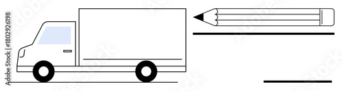 Delivery truck alongside pencil emphasizing creativity, transportation, innovation, and planning. Ideal for workflow, logistics, design, teamwork, problem-solving education and creative processes