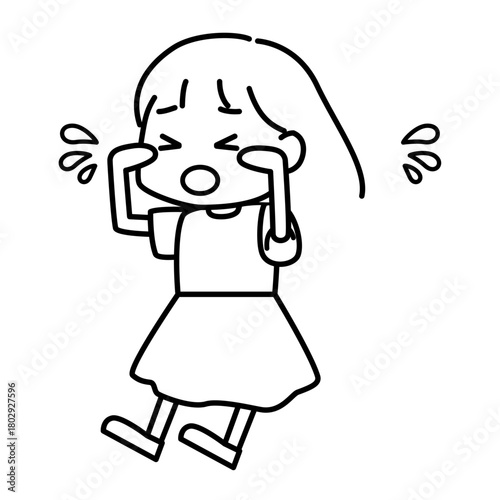 泣いている女の子の線画イラスト