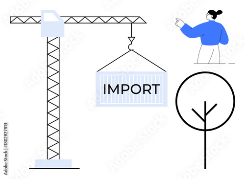 Crane hoisting import container, human observer pointing, simple tree line art. Ideal for trade, logistics, international business, growth, development construction and minimalism. Flat simple