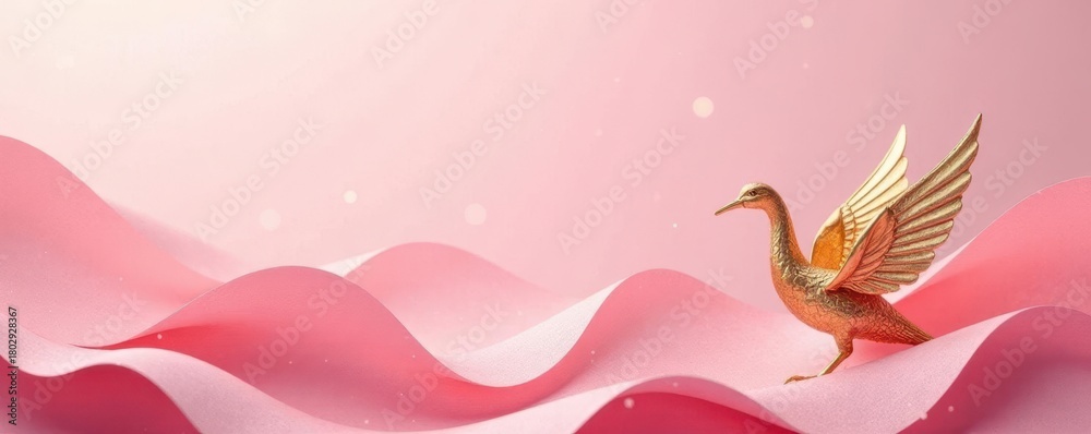 Obraz premium Delicate pink paper, gold crane & wave pattern Subtle shimmer , texture, greeting