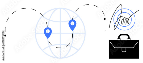 Two location pins connected by dashed lines over a globe, an electronic signature, and a briefcase. Ideal for global networking, logistics, business partnerships, technology, international trade