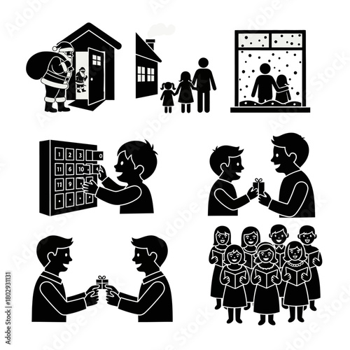 Christmas scenes of family and giving gifts.