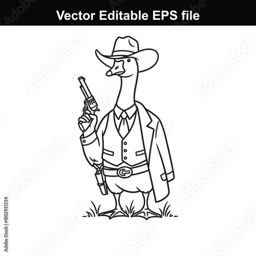 A cartoon goose dressed as a cowboy, wearing a hat and suit, holding a pistol, standing in grass