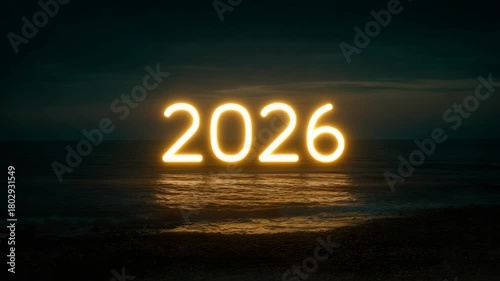 Illuminated 2026 on night beach with ocean waves and dark sky background