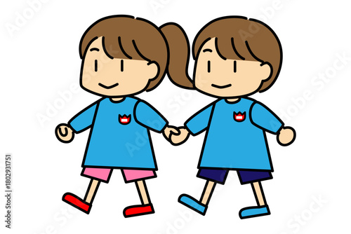 手をつないで歩く幼稚園の男女園児のかわいいキャラクター