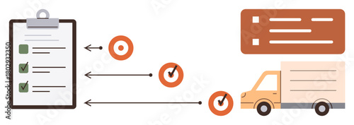 Checklist with marked items, arrows indicating workflow steps, timeline elements, and a delivery truck. Ideal for logistics, project management, workflow optimization, efficiency, task tracking