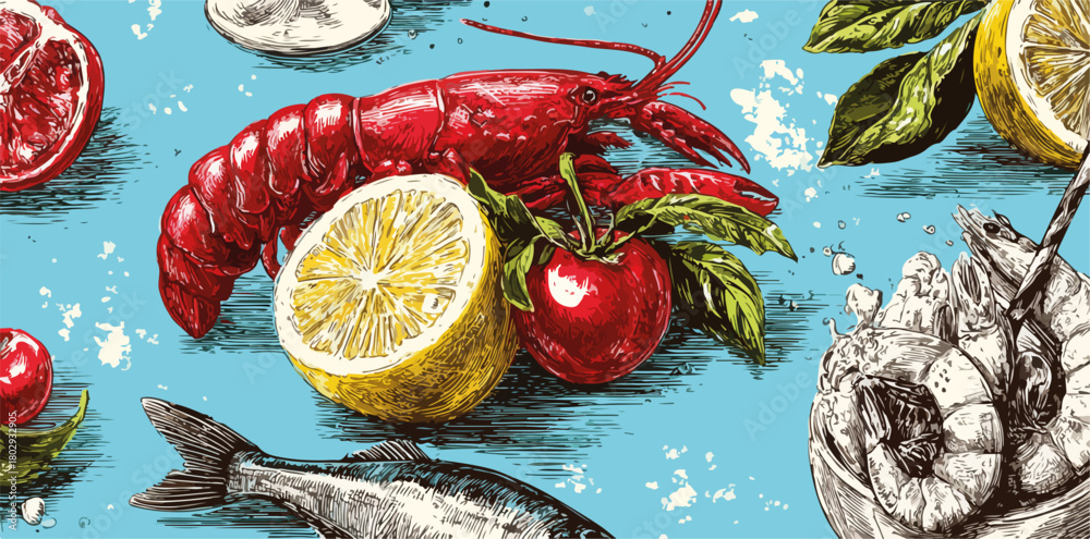 Fototapeta premium Wektorowy wzór z owocami morza, pomidorami, cytryną i limonką na niebieskim tle, styl vintage.