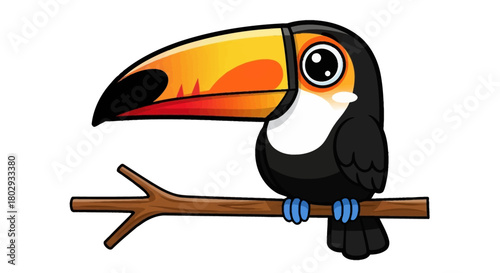 A charming cartoon toucan character looking sad with a teardrop, perched on a branch. Isolated tropical bird vector illustration