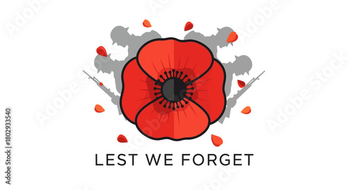 Vibrant red poppy emblem with 'Lest We Forget' text, a solemn tribute to fallen heroes and a symbol of enduring peace and memory for remembrance day