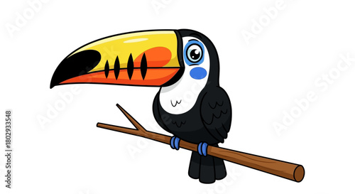 Colorful Cartoon Toucan Bird Perched on a Branch, Exotic Wildlife Illustration