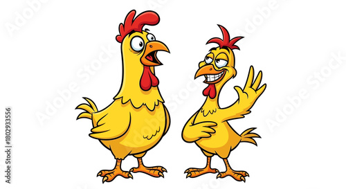 A Comical Duo of Cartoon Chickens with Funny Expressions, One Rooster is Waving and the Other is Talking Animatedly