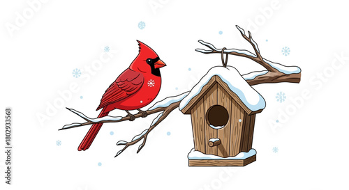 Red Cardinal Bird Sitting On A Snow-Covered Branch Near A Wooden Birdhouse