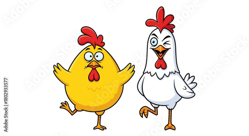 Two cartoon chickens in vibrant colors, perfect for poultry-themed designs and projects