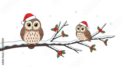 Festive Snowy Owl Duo with Santa Hats Perched on a Wintery Branch with Holly Berries