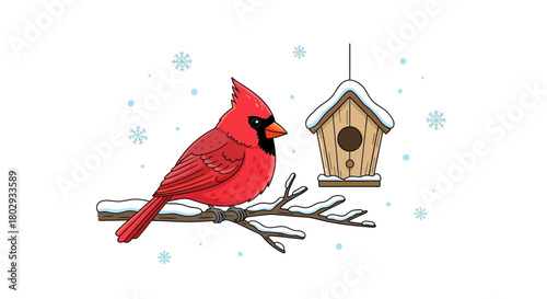 Vibrant red cardinal perching gracefully on a snow-dusted branch, observing a charming birdhouse in a serene winter illustration amidst gentle snowfall