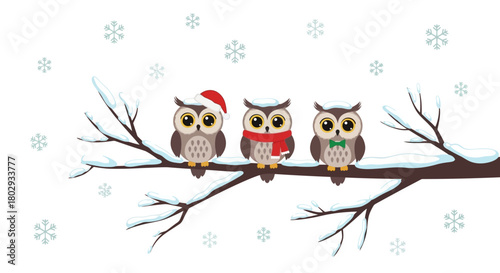 Three Adorable Cartoon Owls Wearing Festive Winter Accessories Perched on a Snowy Branch Under Falling Snowflakes
