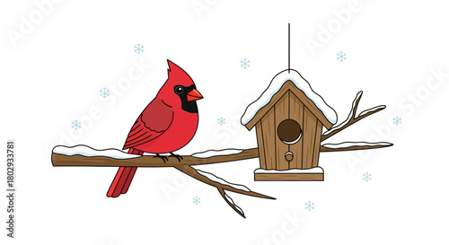 A beautiful red cardinal perched on a snow-covered branch next to a wooden birdhouse during a gentle snowfall illustration