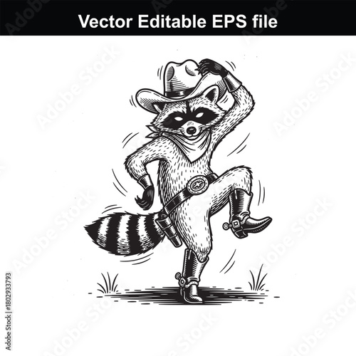 Raccoon cowboy dancing in a western style, isolated on