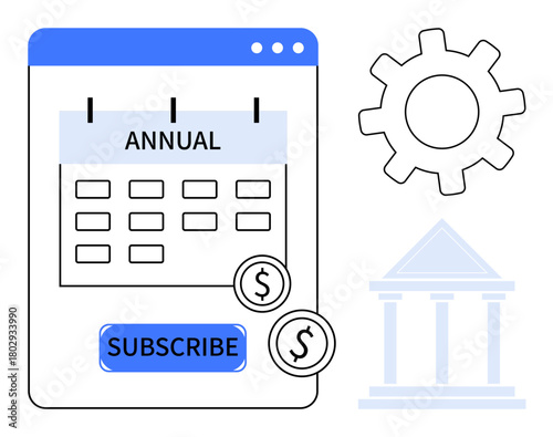 Annual plan calendar, subscribe button, coins, gear, and bank icon emphasize subscription, finance, and automation. Ideal for budgeting, planning business banking services commerce simple flat