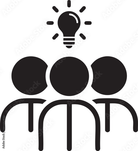 Minimalist black icon of three figures sharing a single glowing lightbulb idea.