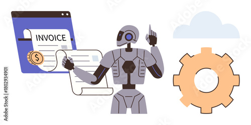 Robot processes online invoices. Includes financial report, cloud storage icon, and gear for automation. Ideal for technology, AI, billing systems, finance innovation workflow data storage. Simple