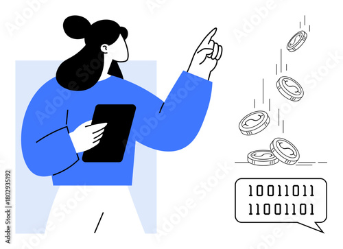 Woman holding a tablet, pointing at falling coins and binary speech bubble. Ideal for technology, blockchain, digital payment, cryptocurrency, fintech, innovation communication. Simple flat metaphor