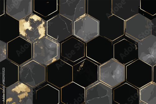 Abstrakcyjne tło heksagonalne w kolorach czerni, szarości i złotego marmuru z geometrycznym wzorem.