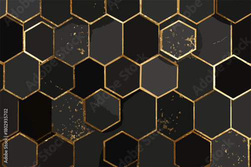 Abstrakcyjne tło heksagonalne w kolorze czarnym i złotym z efektem marmuru i teksturą