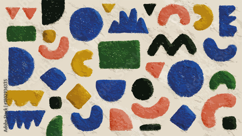 Abstrakcyjny wzór geometryczny z kolorowymi, teksturowanymi kształtami na jasnym tle, idealny do projektowania graficznego.