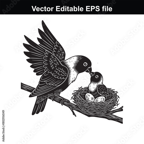 A mother bird feeds her chick in a nest on a branch, isolated on