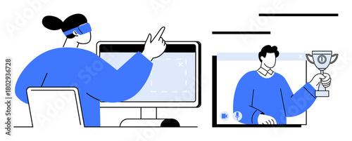 Person using virtual tools interacting with a screen, and a colleague on a video call sharing a trophy. Ideal for teamwork, remote work, collaboration, digital success, online communication