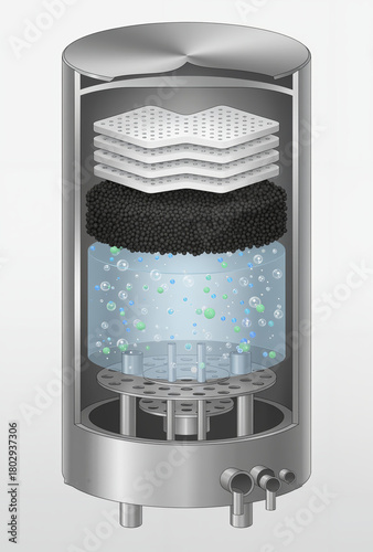 Multi-stage filtration or bioreactor vessel. Cutaway view of industrial purification apparatus with granular filter media, aeration/bubbling zone, and layered separation plates.