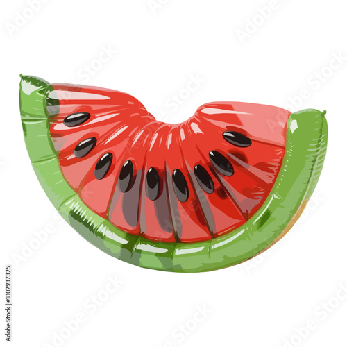 A vibrant inflatable watermelon slice pool float with realistic seeds isolated on white background