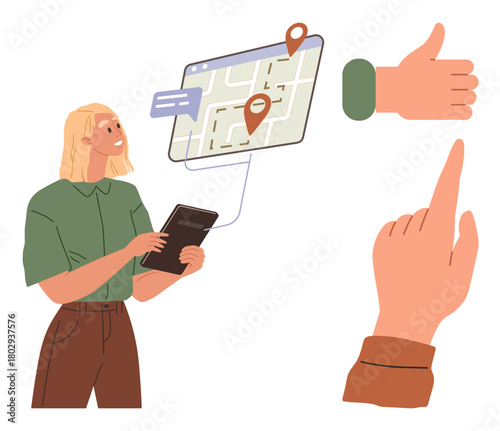Woman interacting with digital map on tablet, location pins, thumbs-up and pointing hand gestures. Ideal for navigation, technology, travel, communication, decision-making, user experience simple