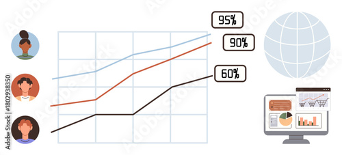 Diverse team members analyzing growth trends on a chart with percentage labels and a computer screen showing analytics. Ideal for teamwork, analytics, global collaboration, growth, performance