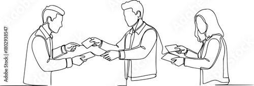 Continuous line drawing of people exchanging cards

