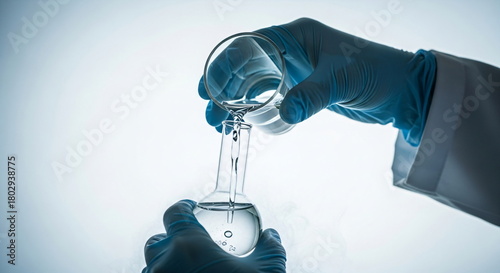 Person in blue gloves pouring clear liquid from a beaker into a test tube. Scientific experiment in laboratory for research and development.