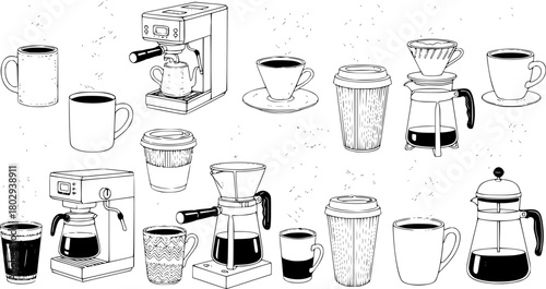 Collection of Hand-Drawn Coffee Cups and Makers with Steam
