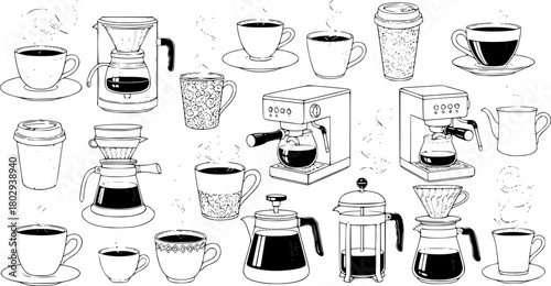 Collection of Hand-Drawn Coffee Cups and Makers with Steam
