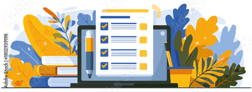 Wektorowa ilustracja listy kontrolnej na ekranie laptopa otoczonej książkami i roślinami, koncepcja organizacji pracy.