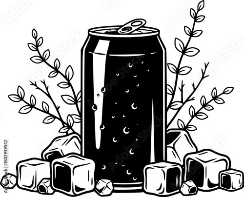 Drink can with ice cubes and plant sprigs
