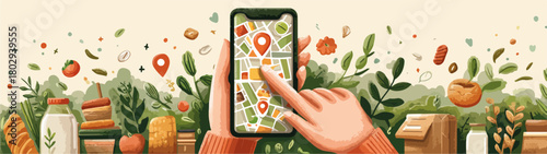 Ręczne wyszukiwanie lokalizacji dostaw żywności za pomocą aplikacji mapowej na smartfonie w otoczeniu świeżych produktów.